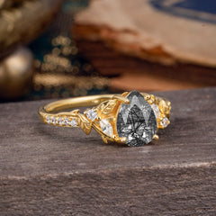 Nature-Inspired Classic Luxe 4-Prong Pear-Cut Black Rutilated Quartz Engagement Ring