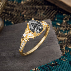 Nature-Inspired Classic Luxe 4-Prong Pear-Cut Black Rutilated Quartz Engagement Ring