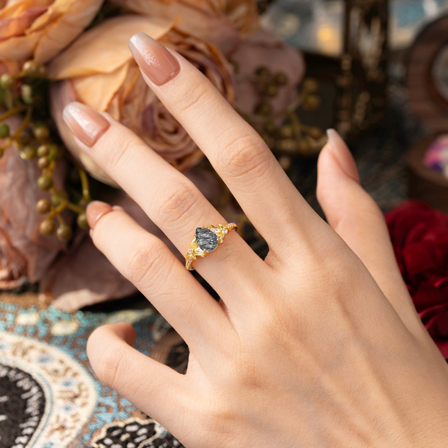 Nature-Inspired Classic Luxe 4-Prong Pear-Cut Black Rutilated Quartz Engagement Ring