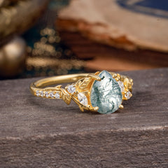 Nature-Inspired Classic Luxe 4-Prong Pear-Cut Natural Moss Agate Engagement Ring