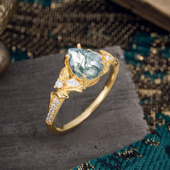 Nature-Inspired Classic Luxe 4-Prong Pear-Cut Natural Moss Agate Engagement Ring