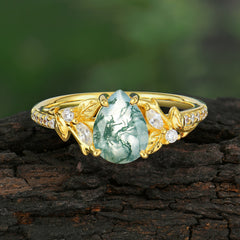 Nature-Inspired Classic Luxe 4-Prong Pear-Cut Natural Moss Agate Engagement Ring