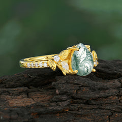 Nature-Inspired Classic Luxe 4-Prong Pear-Cut Natural Moss Agate Engagement Ring