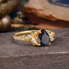 Nature-Inspired Classic Luxe 4-Prong Pear-Cut Black Onyx Engagement Ring