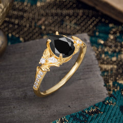 Nature-Inspired Classic Luxe 4-Prong Pear-Cut Black Onyx Engagement Ring
