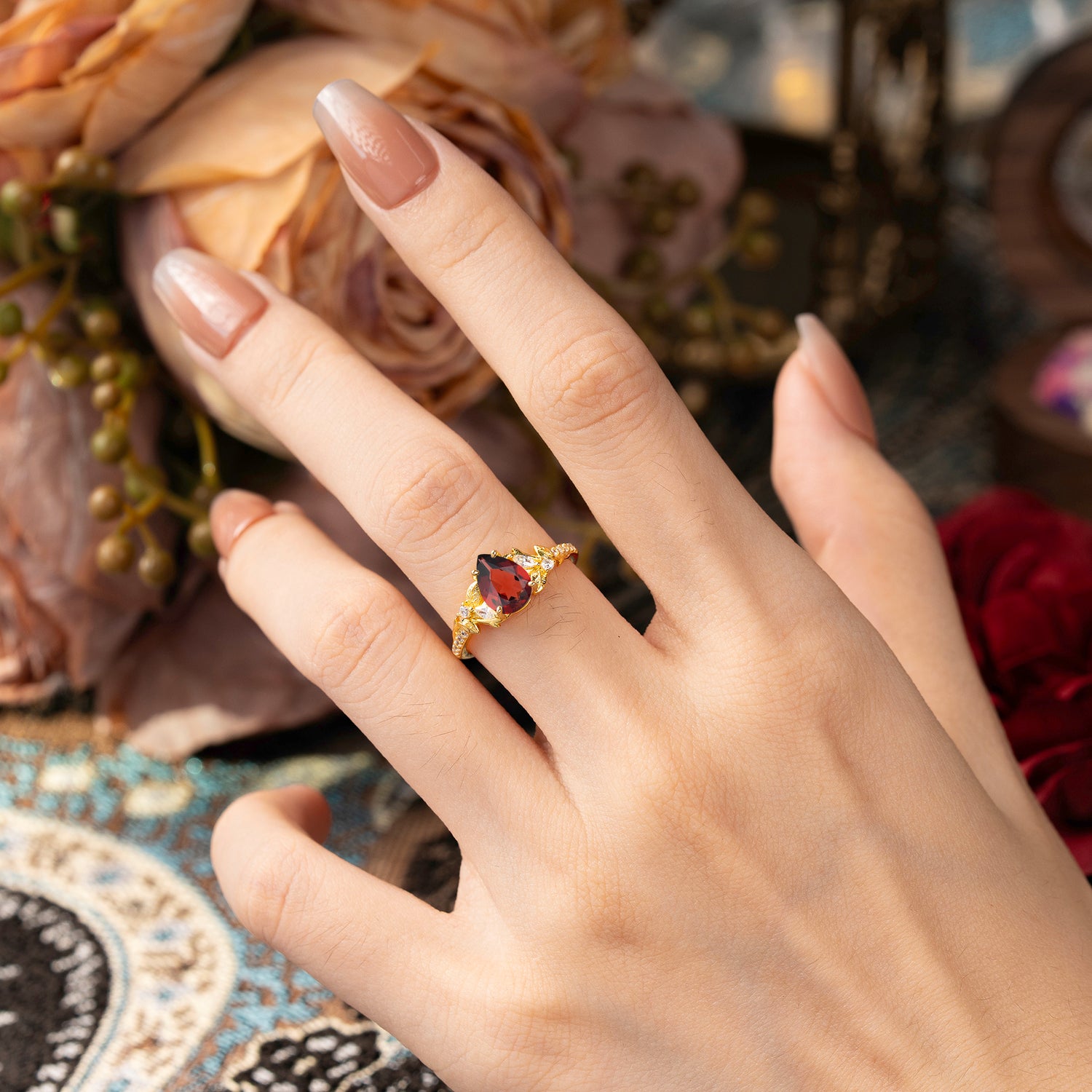 Nature-Inspired Classic Luxe 4-Prong Pear-Cut Garnet Engagement Ring