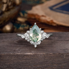 Luxe  Classic 6-Prong Pear-Cut Natural Moss Agate Engagement Ring