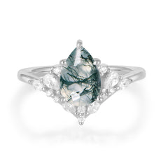 Luxe  Classic 6-Prong Pear-Cut Natural Moss Agate Engagement Ring