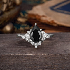 Luxe  Classic 5-Prong Pear-Cut Natural Black Onyx Engagement Ring