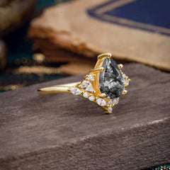 Luxe  Classic 5-Prong Pear-Cut Natural Black Rutilated Quartz Engagement Ring