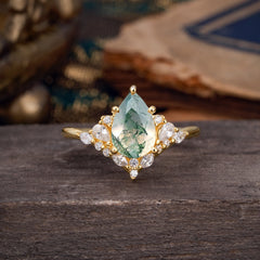 Luxe  Classic 6-Prong Pear-Cut Natural Moss Agate Engagement Ring