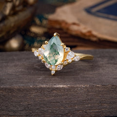 Luxe  Classic 6-Prong Pear-Cut Natural Moss Agate Engagement Ring