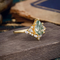 Luxe  Classic 6-Prong Pear-Cut Natural Moss Agate Engagement Ring
