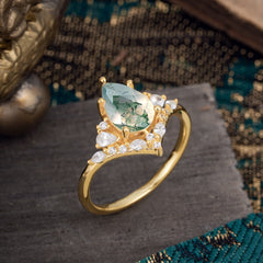 Luxe  Classic 6-Prong Pear-Cut Natural Moss Agate Engagement Ring