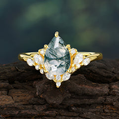 Luxe  Classic 6-Prong Pear-Cut Natural Moss Agate Engagement Ring