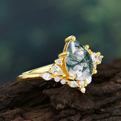 Luxe  Classic 6-Prong Pear-Cut Natural Moss Agate Engagement Ring