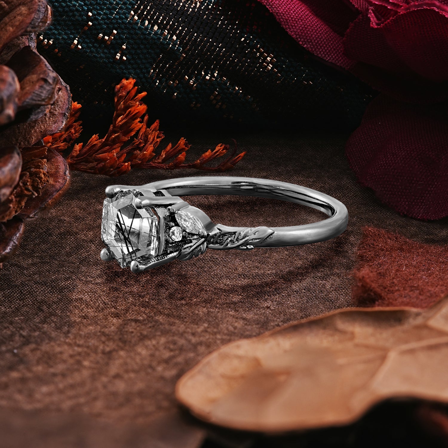 Halloween Limited-Gothic Nature-Inspired Hexagon Cut Black Rutilated Quartz Ring