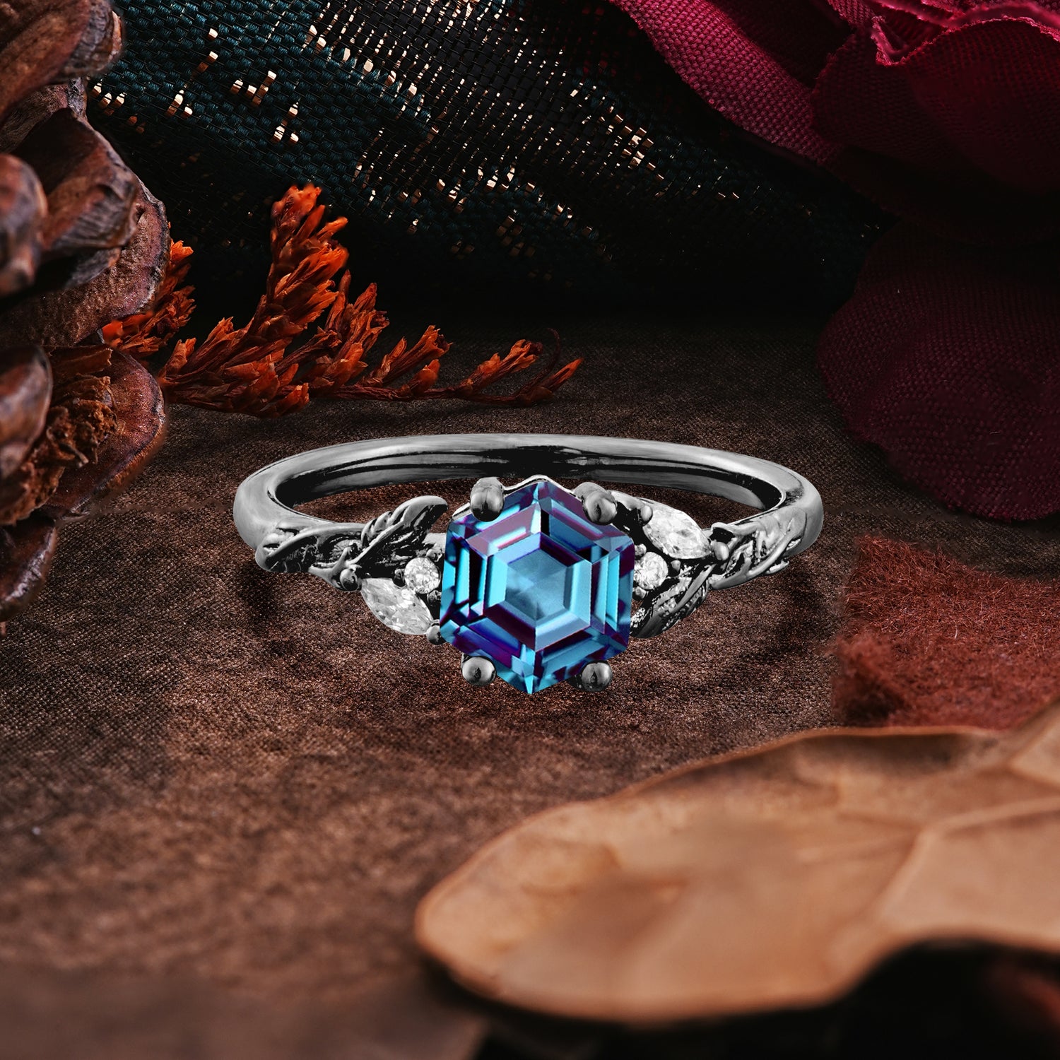 Dark Romantic Hexagon Cut Side Stone Nature-Inspired Engagement Ring