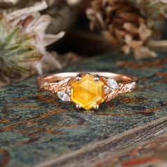 Nature-Inspired 4 - Prong Hexagon - Cut Citrine Ring
