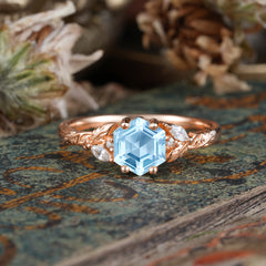 Nature-Inspired 4 - Prong Hexagon - Cut Aquamarine Ring