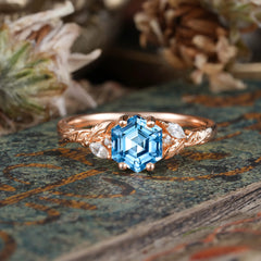 Nature-Inspired 4 - Prong Hexagon - Cut Aquamarine Ring