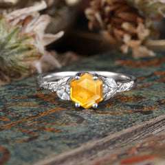 Nature-Inspired 4 - Prong Hexagon - Cut Citrine Ring