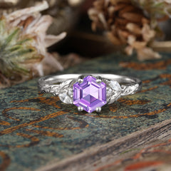 Nature-Inspired 4 - Prong Hexagon - Cut Amethyst Ring