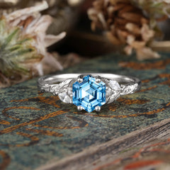 Nature-Inspired 4 - Prong Hexagon - Cut Aquamarine Ring