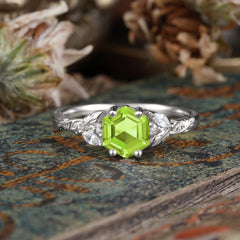 Nature-Inspired 4 - Prong Hexagon - Cut Peridot Ring