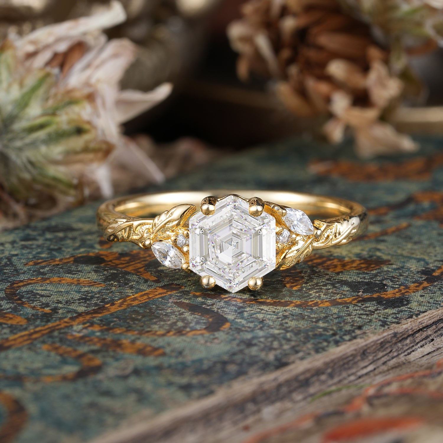 Nature-Inspired 4 - Prong Hexagon - Cut Moissanite Ring