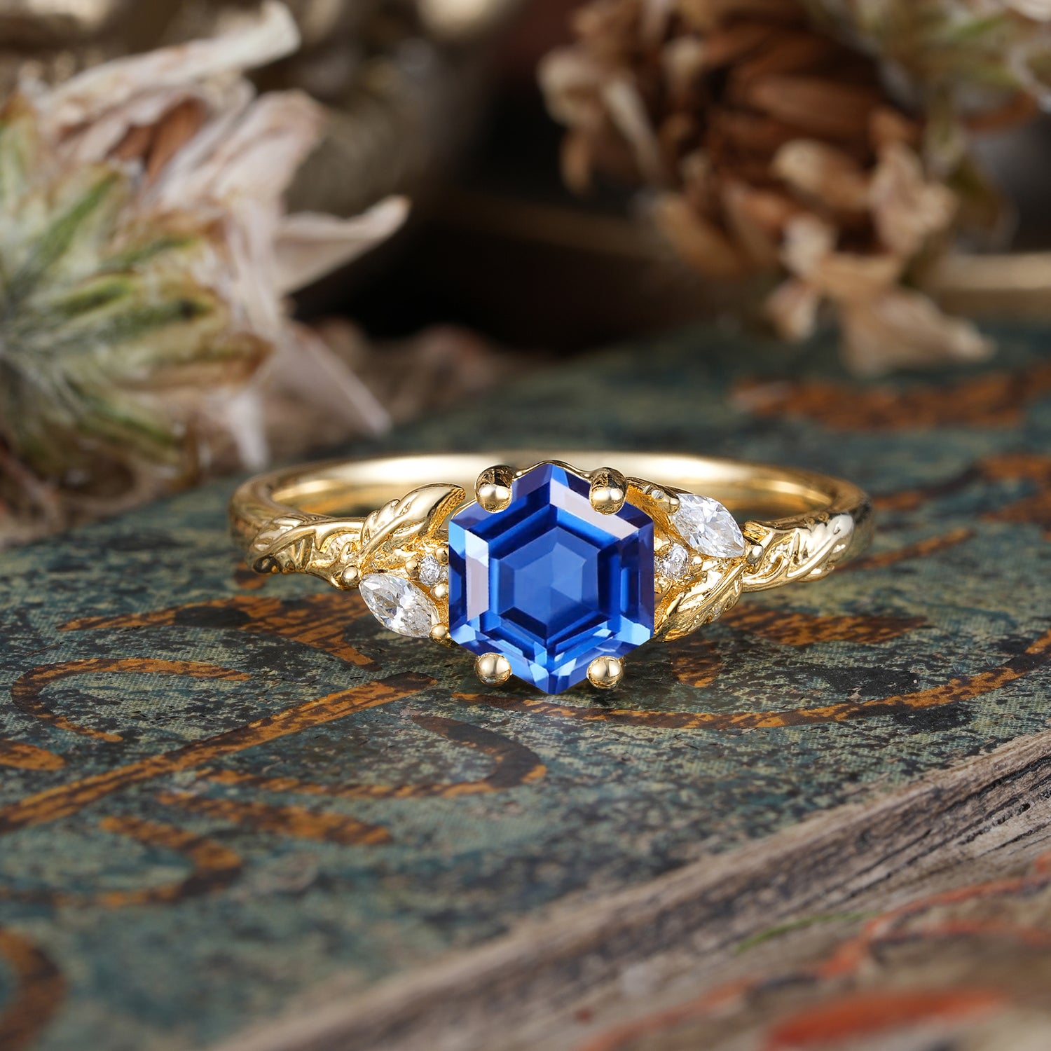 Nature-Inspired 4 - Prong Hexagon - Cut Sapphire Engagement Ring
