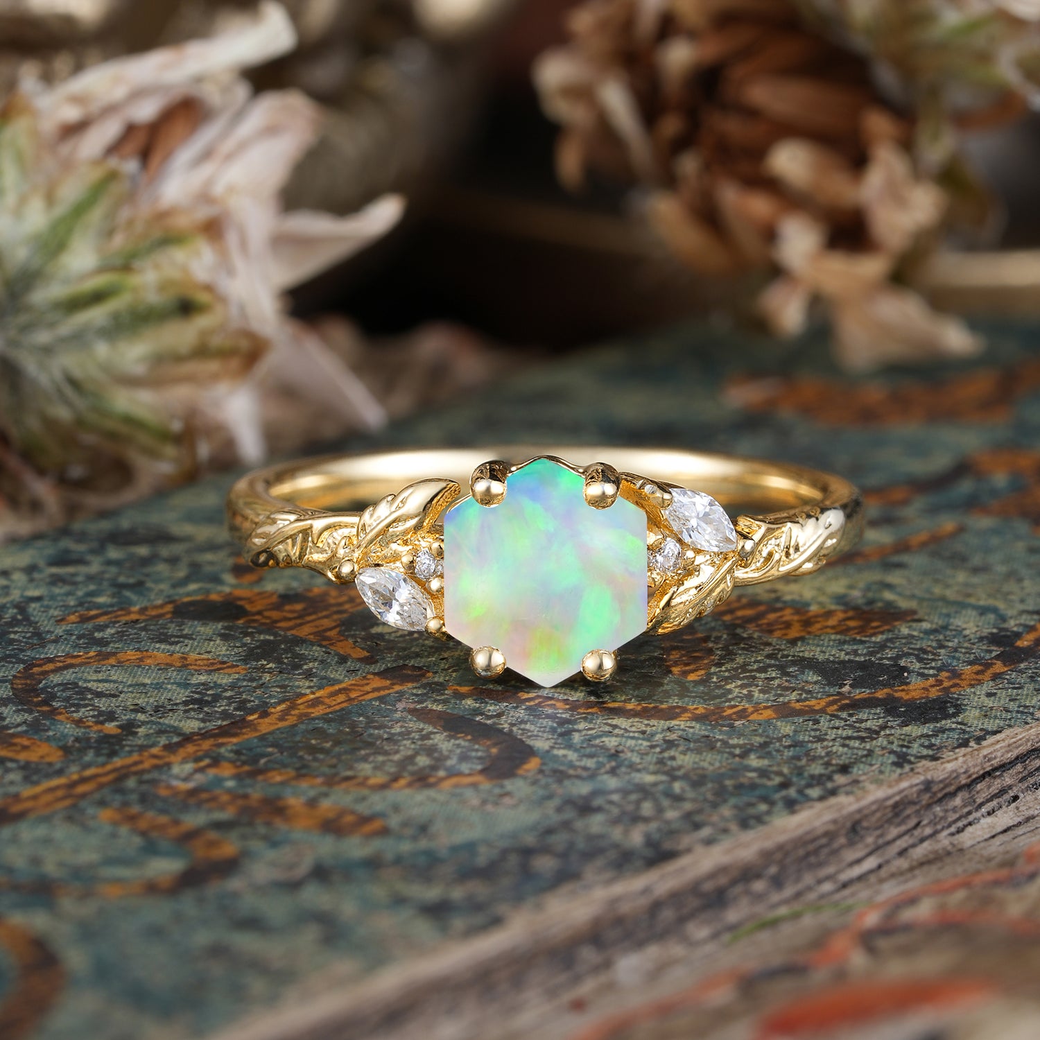 Nature-Inspired 4 - Prong Kite - Cut Natural Opal Engagement Ring