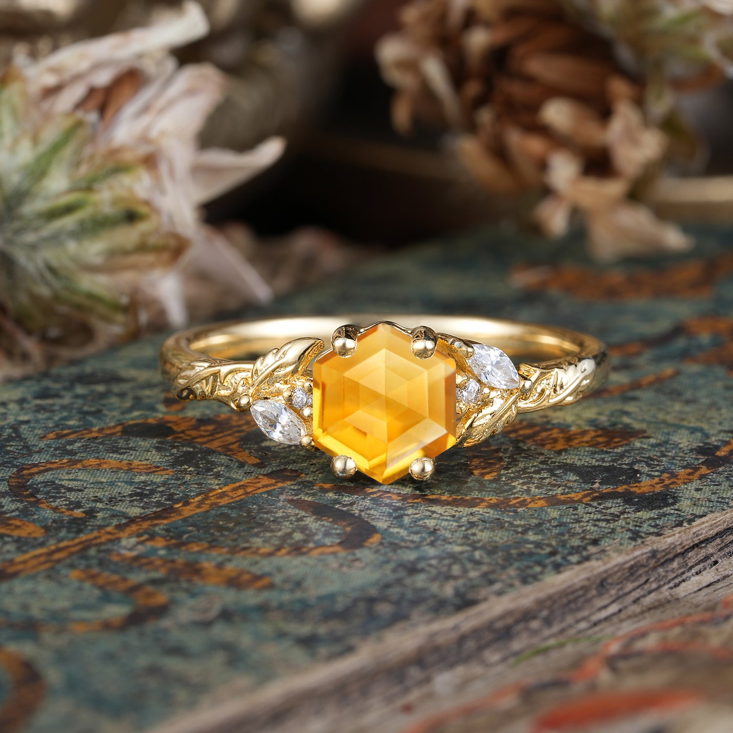 Nature-Inspired 4 - Prong Hexagon - Cut Citrine Engagement Ring