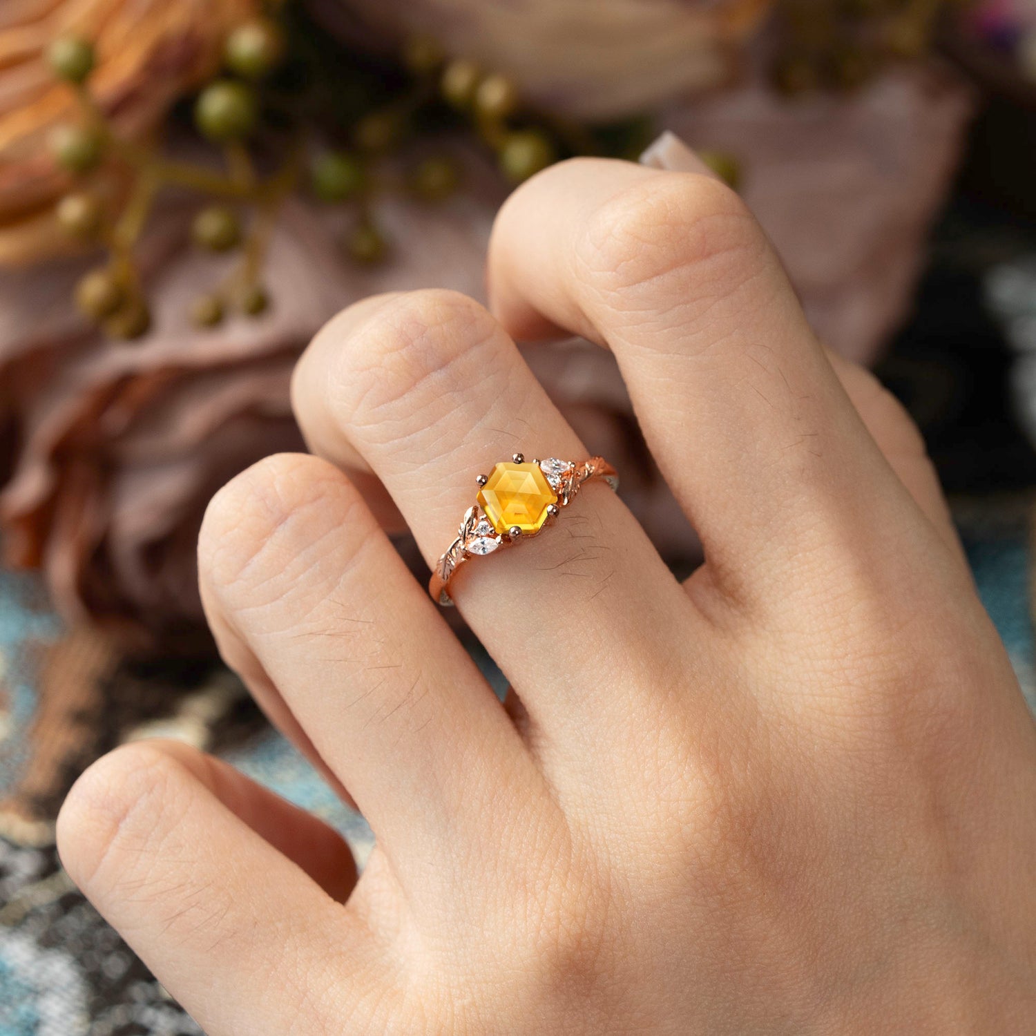 Nature-Inspired 4 - Prong Hexagon - Cut Citrine Engagement Ring