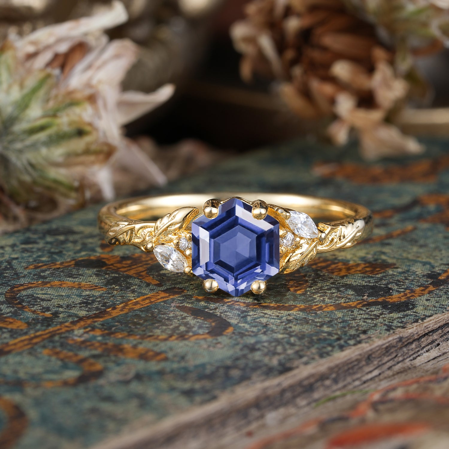 Nature-Inspired 4 - Prong Hexagon - Cut Tanzanite Engagement Ring