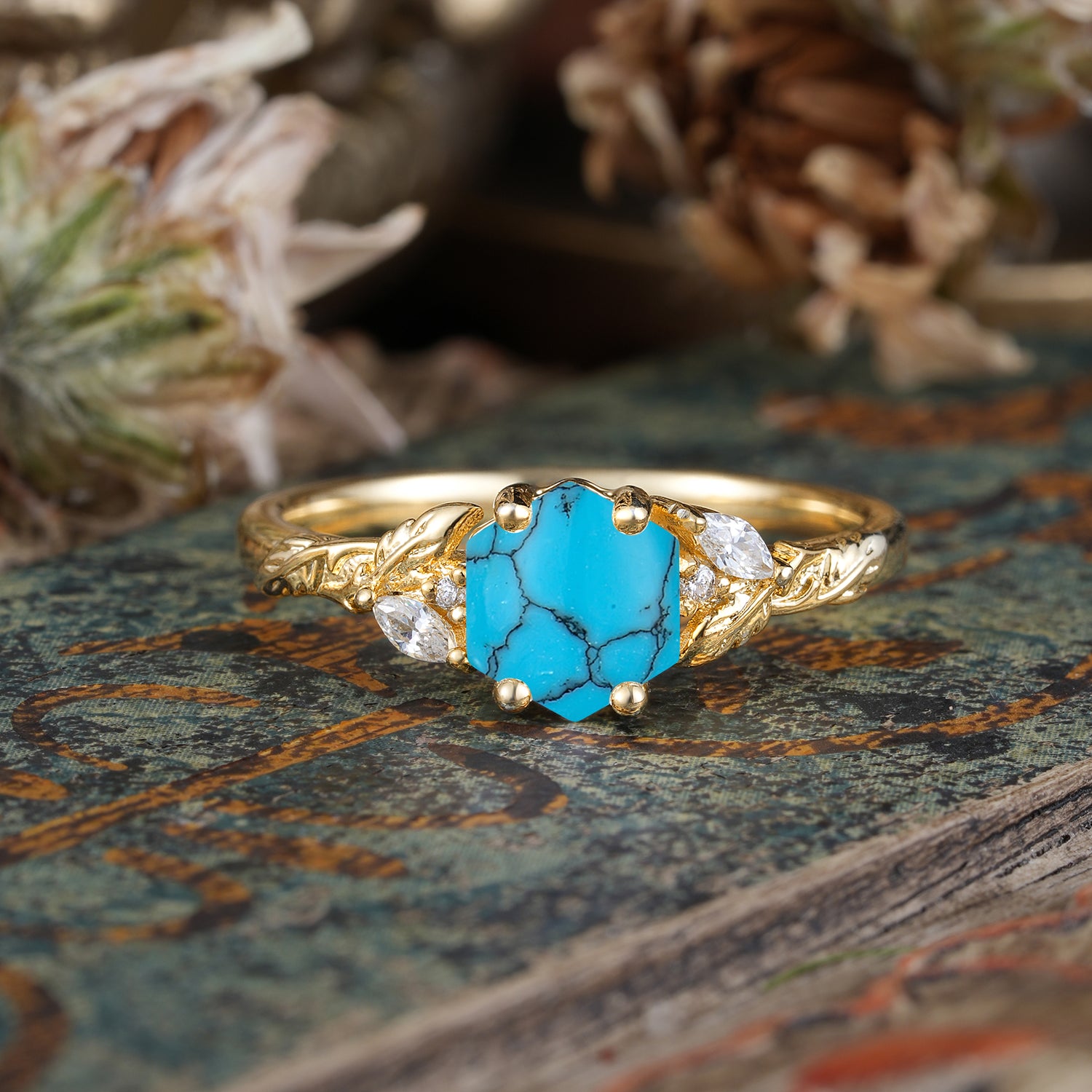 Nature-Inspired 4 - Prong Kite - Cut Natural Turquoise Engagement Ring