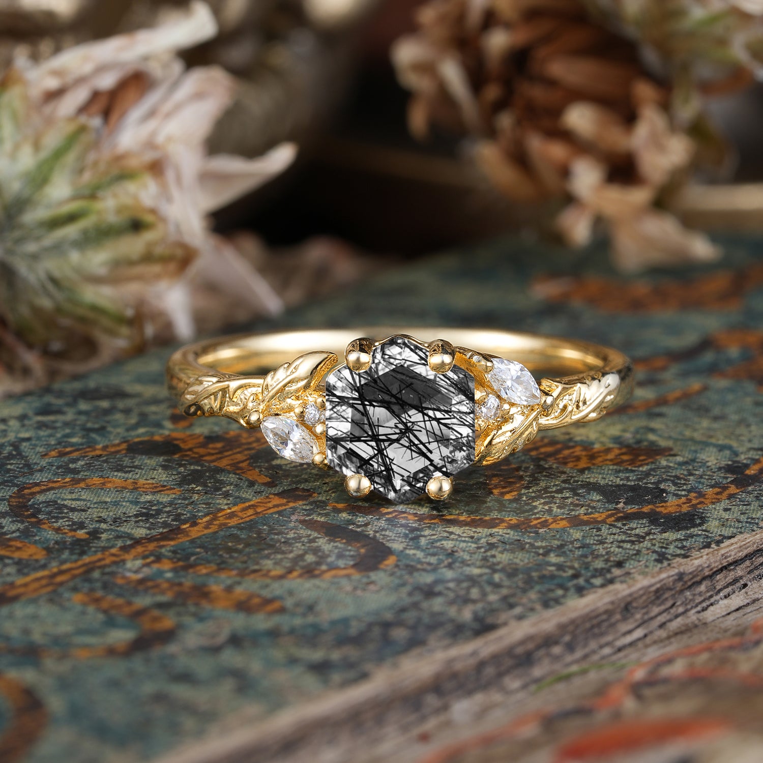 Nature-Inspired 4 - Prong Kite - Cut Natural Black Rutilated Quartz Engagement Ring