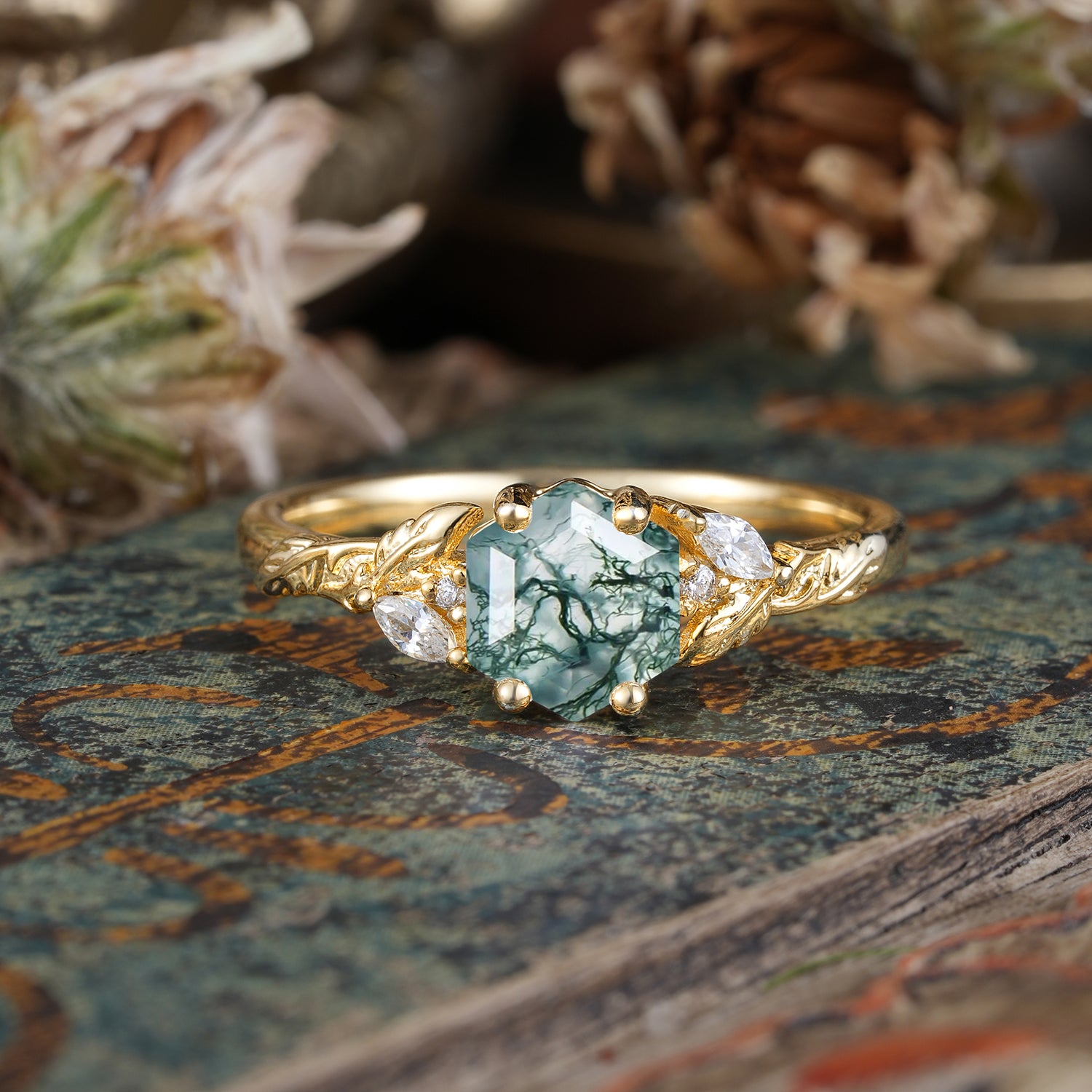 Nature-Inspired 4 - Prong Hexagon - Cut Natural Moss Agate Engagement Ring