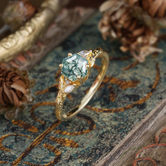 Nature-Inspired 4 - Prong Hexagon - Cut Natural Moss Agate Ring