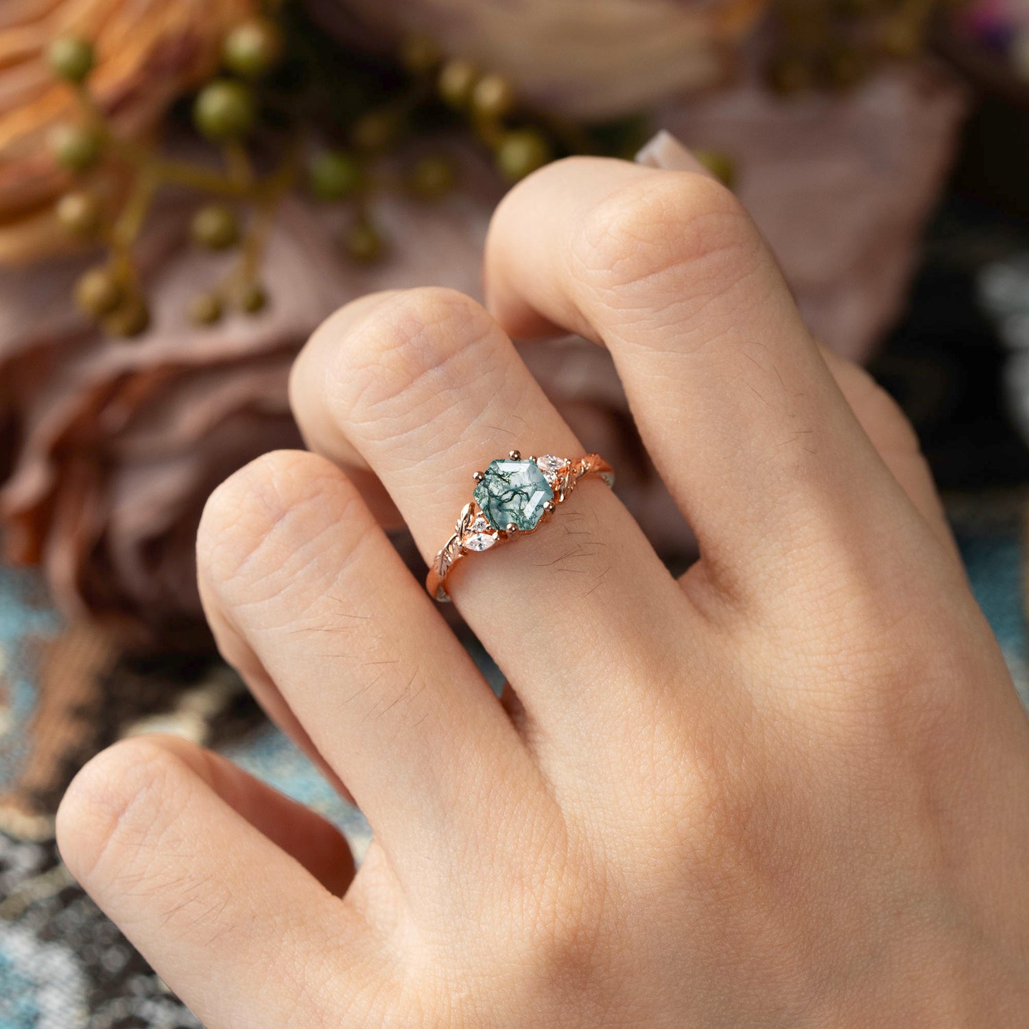 Nature-Inspired 4 - Prong Hexagon - Cut Natural Moss Agate Engagement Ring