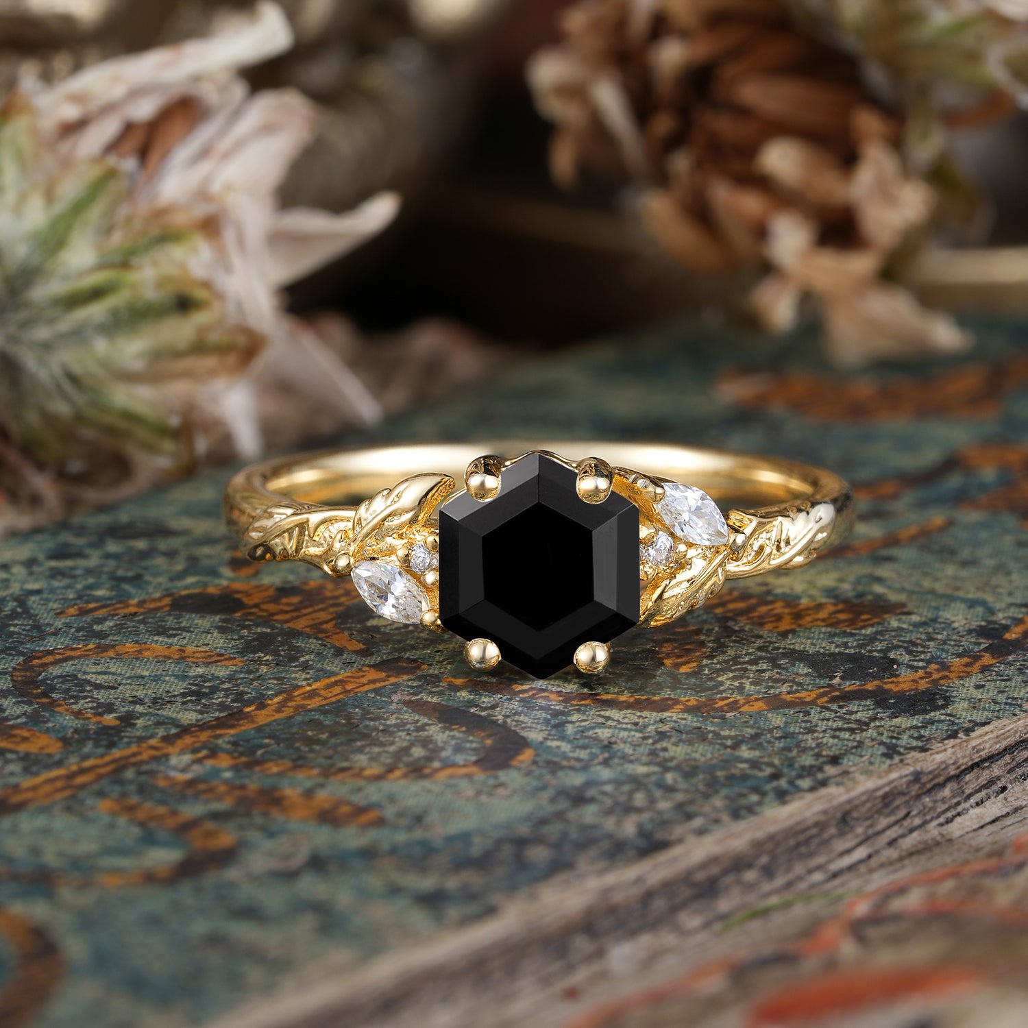 Nature-Inspired 4 - Prong Hexagon - Cut Black Onyx Engagement Ring