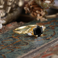 Nature-Inspired 4 - Prong Hexagon - Cut Black Onyx Ring
