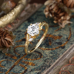 Nature-Inspired 4 - Prong Hexagon - Cut Lab Diamond Ring