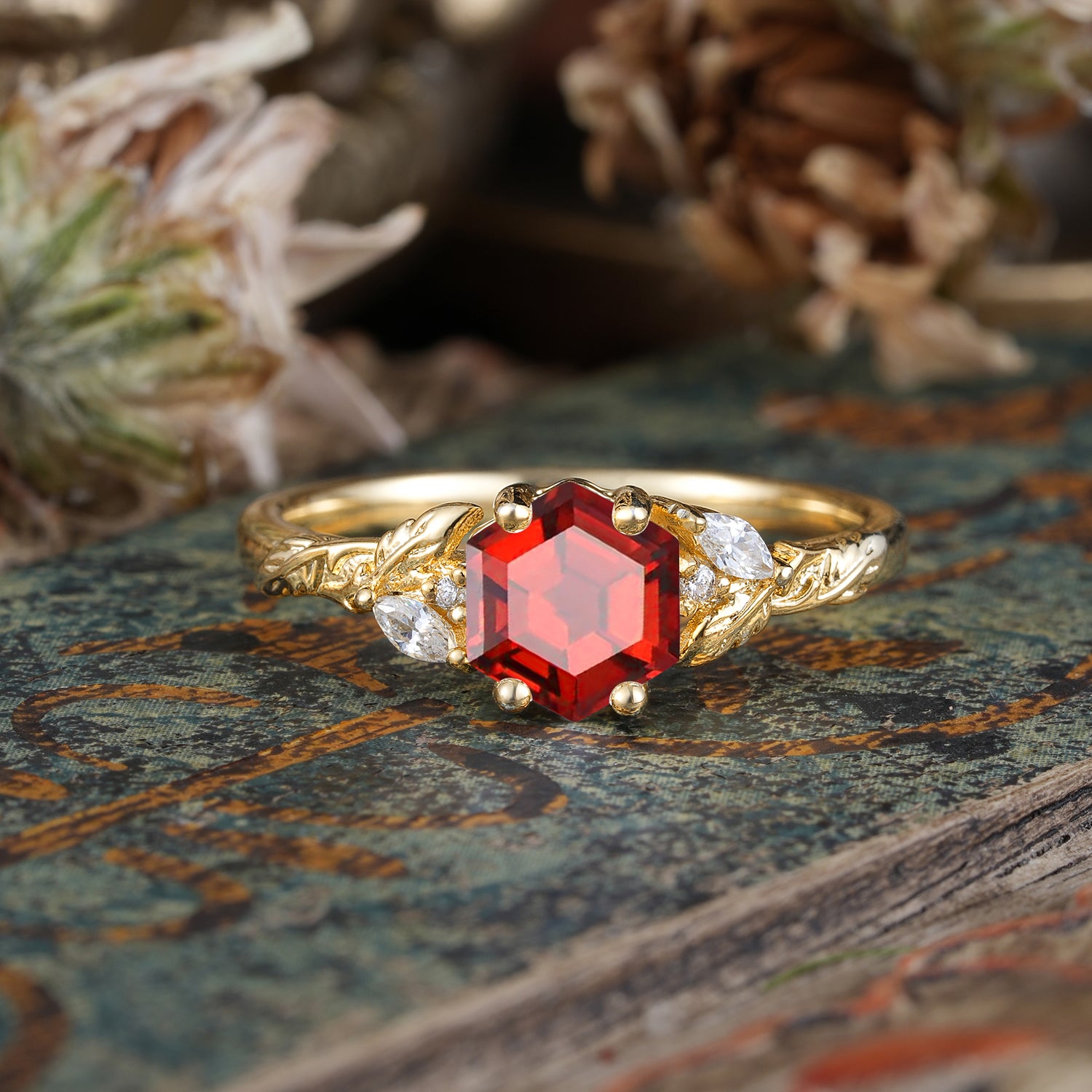 Nature-Inspired 4 - Prong Hexagon - Cut Garnet Engagement Ring