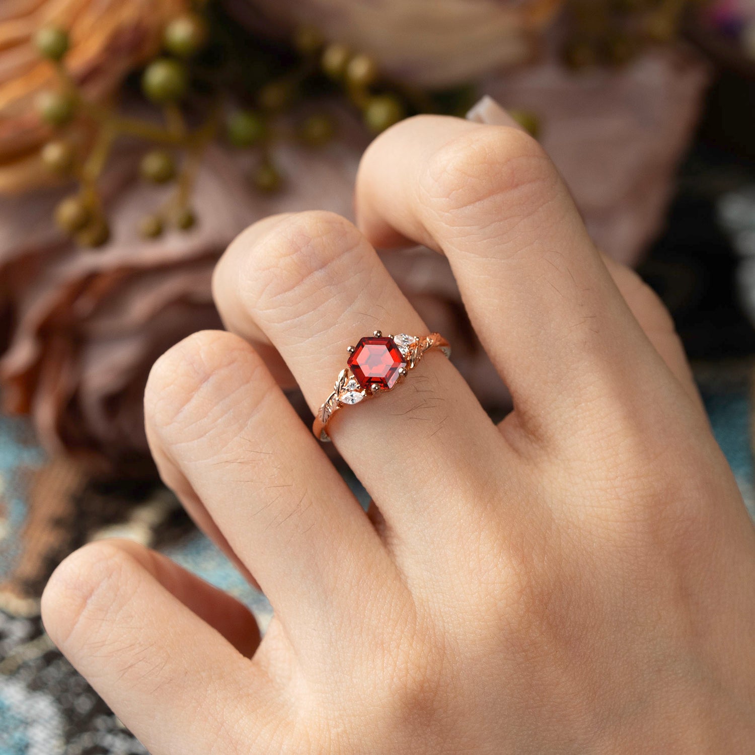 Nature-Inspired 4 - Prong Hexagon - Cut Garnet Engagement Ring