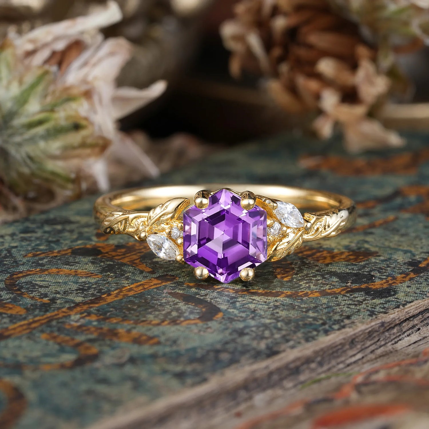 Nature-Inspired 4 - Prong Hexagon - Cut Amethyst Engagement Ring