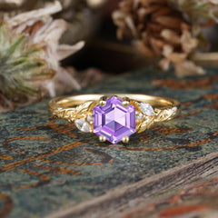 Nature-Inspired 4 - Prong Hexagon - Cut Amethyst Ring