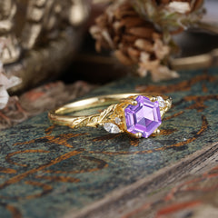 Nature-Inspired 4 - Prong Hexagon - Cut Amethyst Ring