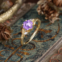 Nature-Inspired 4 - Prong Hexagon - Cut Amethyst Ring