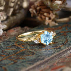 Nature-Inspired 4 - Prong Hexagon - Cut Aquamarine Ring